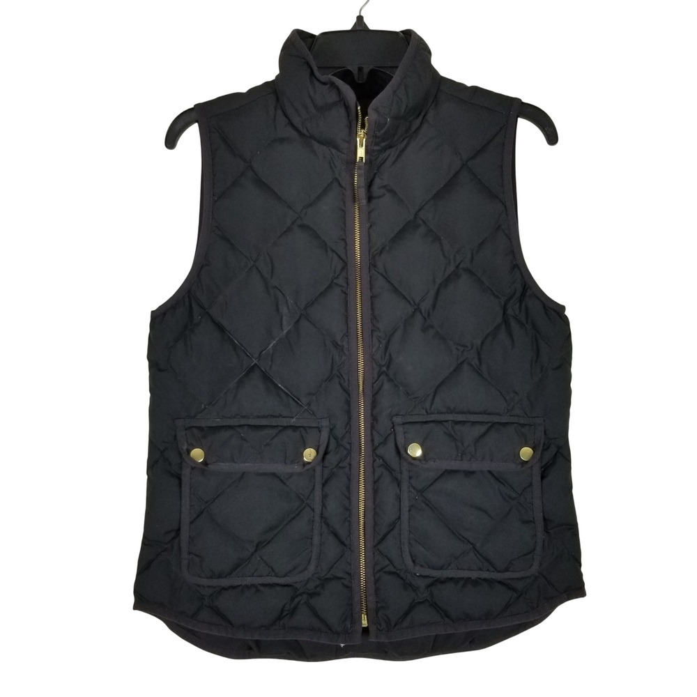 J.Crew Quilted Down Vest Women Small Black Gold Zip Diamond Puffer Excursion